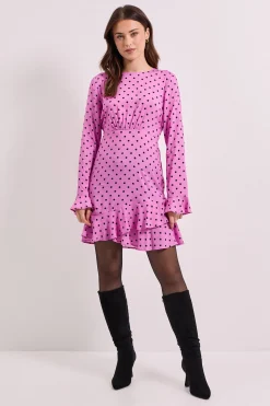 Robe Mini Imprimée à Pois Violets avec Détails Volantés aux Manches