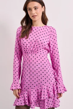 Robe Mini Imprimée à Pois Violets avec Détails Volantés aux Manches