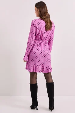 Robe Mini Imprimée à Pois Violets avec Détails Volantés aux Manches