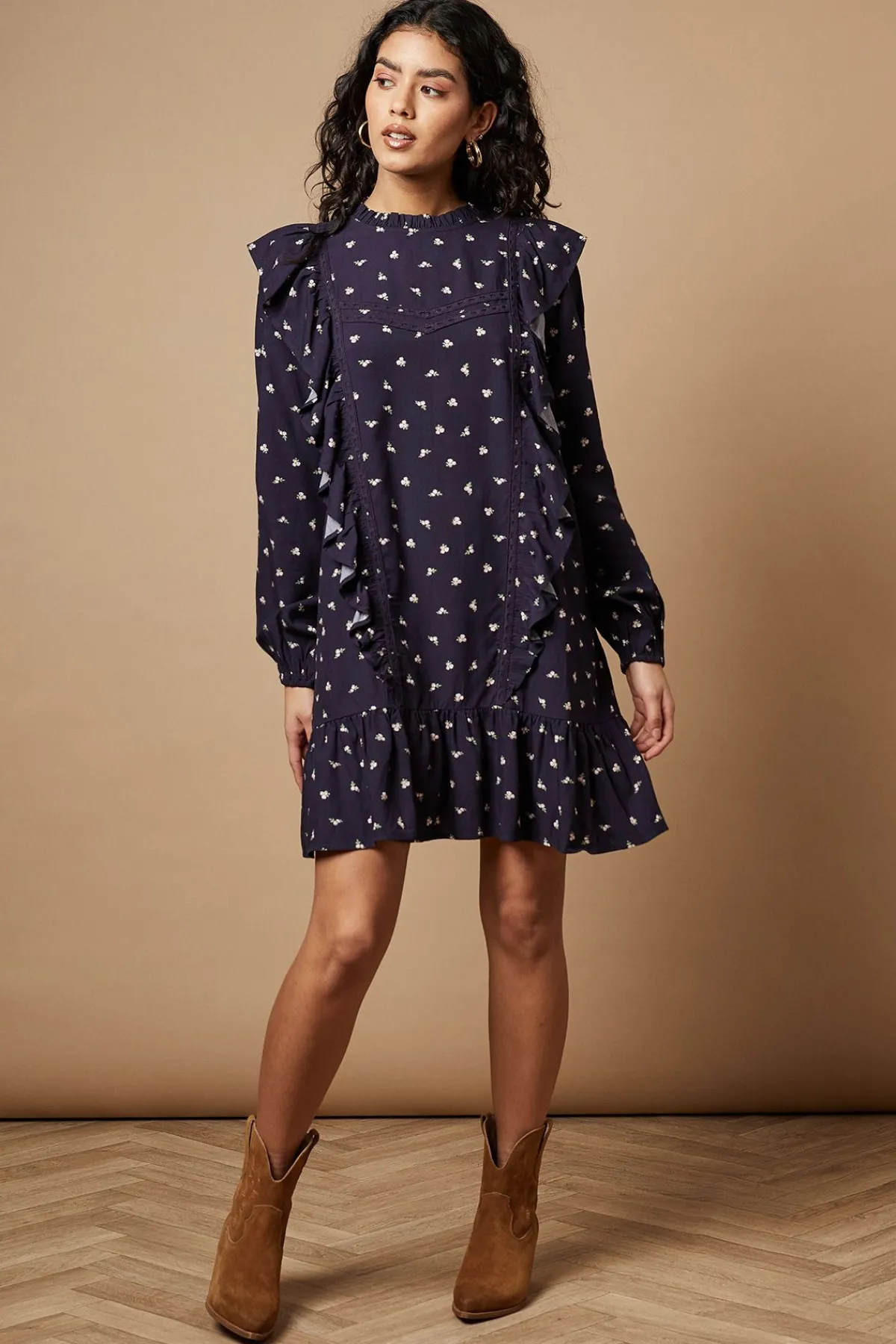 Oasis Robe Mini à Imprimé Fleuri avec Dentelle et Volants<Femme Satin Et Dentelle|Robes À Manches Longues