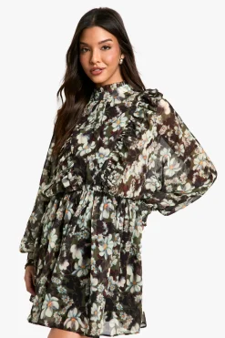 Robe Mini à Imprimé Floral en Chiffon et à Manches Longues