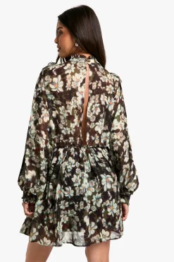 Robe Mini à Imprimé Floral en Chiffon et à Manches Longues