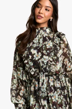 Robe Mini à Imprimé Floral en Chiffon et à Manches Longues