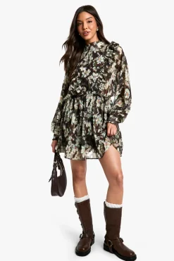 Robe Mini à Imprimé Floral en Chiffon et à Manches Longues