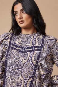 Oasis Robe Mini à Imprimé Paisley avec Volants et Dentelle<Femme Satin Et Dentelle|Robes À Manches Longues