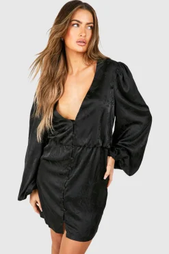 Robe Mini Jacquard à Manches Blouson