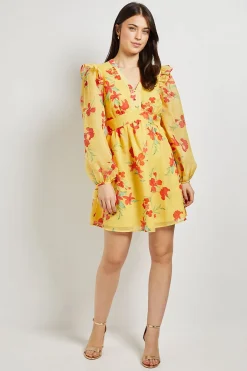 Robe Mini Jaune À Imprimé Fleuri Avec Détails Volantés Et Manches Bouffantes