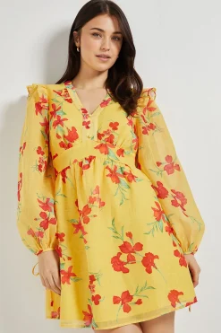 Robe Mini Jaune À Imprimé Fleuri Avec Détails Volantés Et Manches Bouffantes