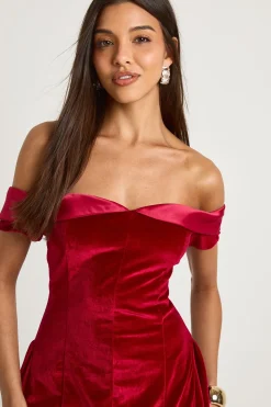 Robe Mini À Jupe En Velours Et Col Bardot
