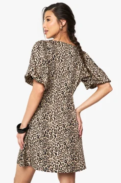 Robe Mini à Manches Bouffantes Léopard