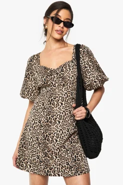 Robe Mini à Manches Bouffantes Léopard
