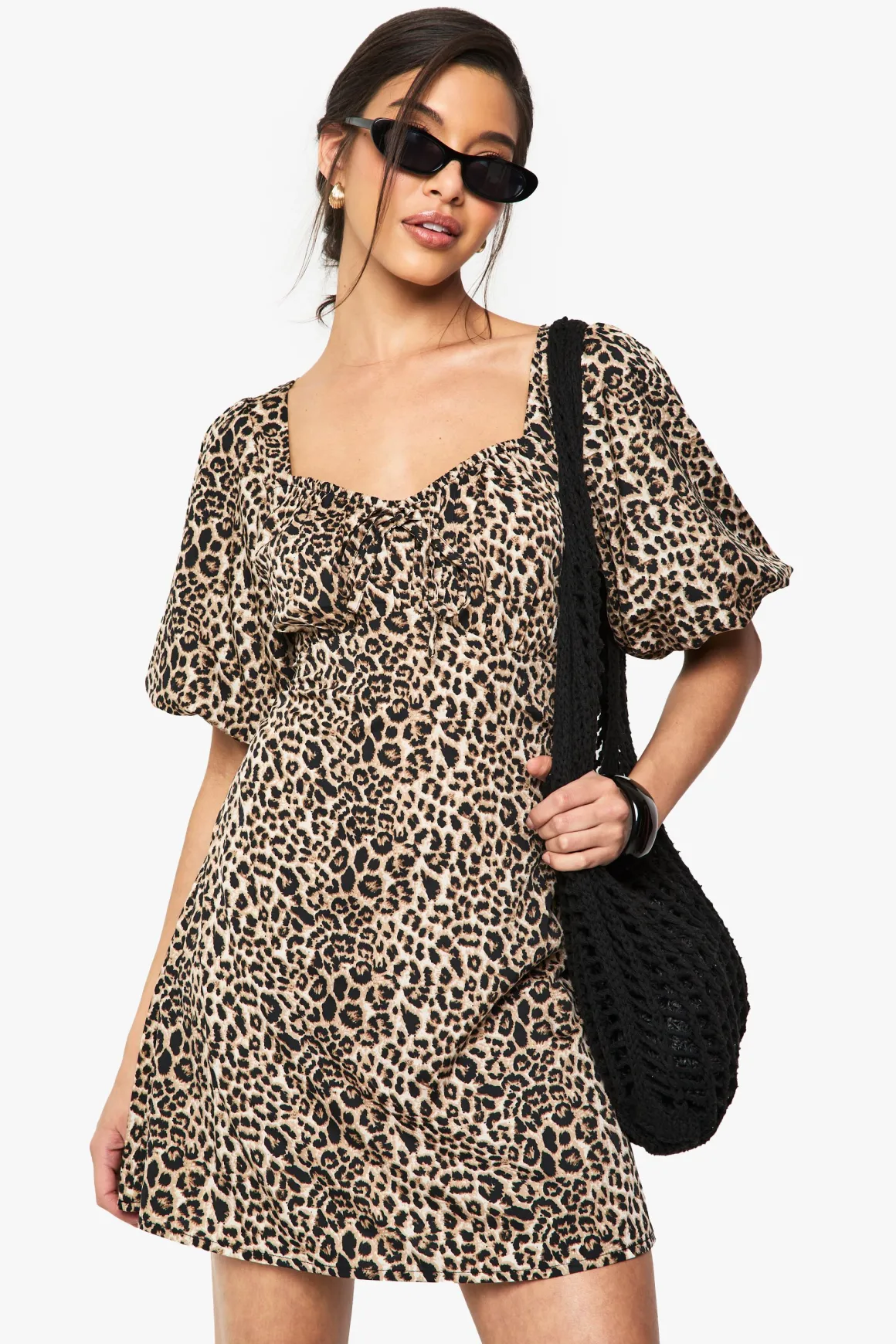 Robe Mini à Manches Bouffantes Léopard