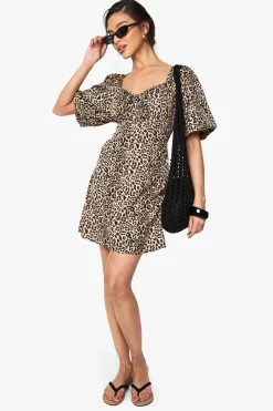 Robe Mini à Manches Bouffantes Léopard
