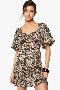 Robe Mini à Manches Bouffantes Léopard