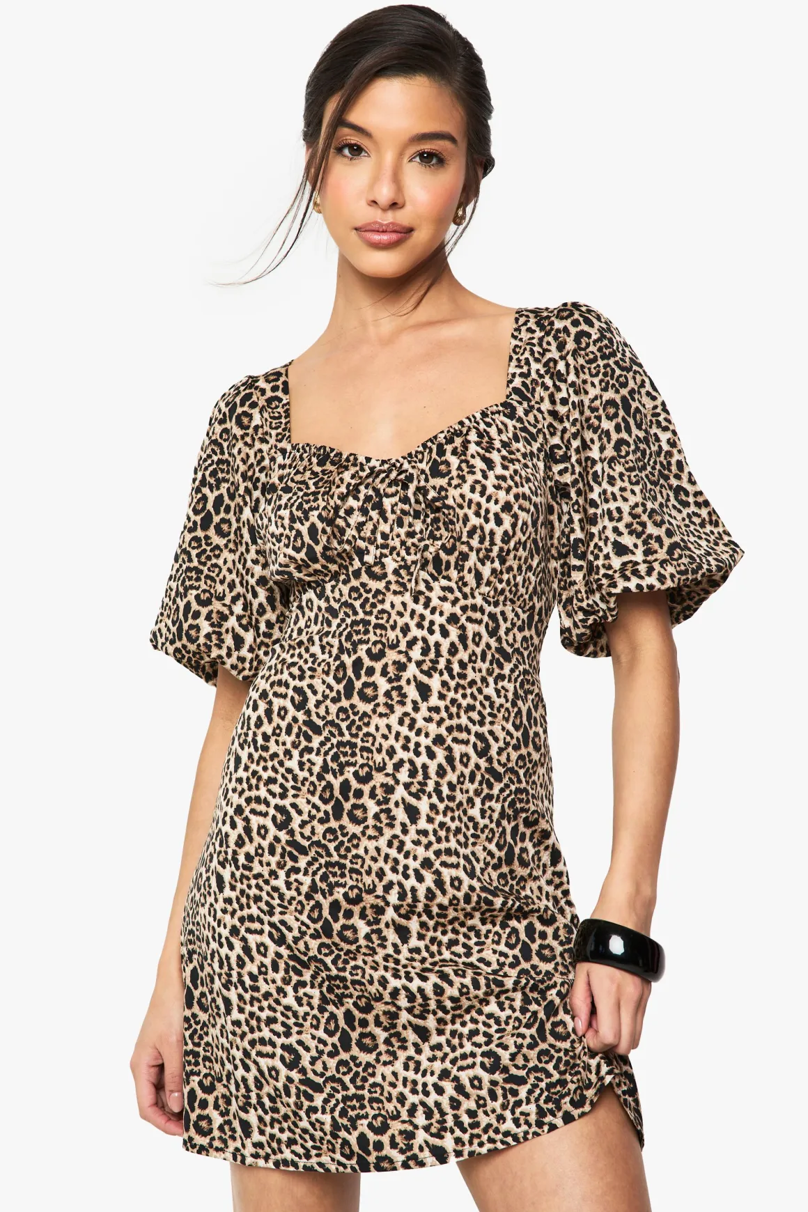 Robe Mini à Manches Bouffantes Léopard
