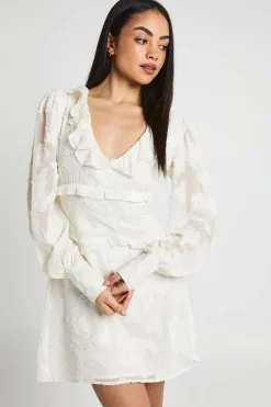 boohoo Robe Mini À Manches Bouffantes Et Détail Volant En Tissu Dévoré<Femme Robes À Manches Longues|Robes