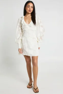 boohoo Robe Mini À Manches Bouffantes Et Détail Volant En Tissu Dévoré<Femme Robes À Manches Longues|Robes