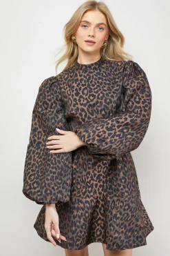 Robe Mini à Manches Bouffantes en Jacquard Imprimé Léopard