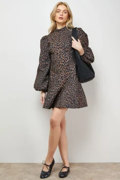 Robe Mini à Manches Bouffantes en Jacquard Imprimé Léopard