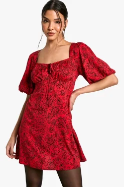 Robe Mini à Manches Bouffantes Paisley