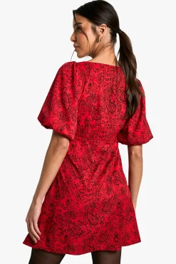 Robe Mini à Manches Bouffantes Paisley