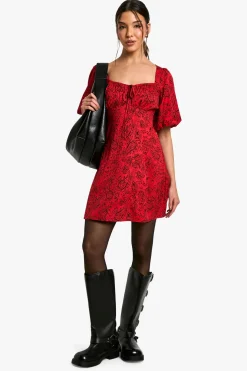 Robe Mini à Manches Bouffantes Paisley