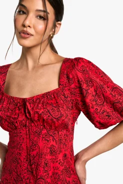 Robe Mini à Manches Bouffantes Paisley