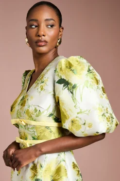 Robe Mini à Manches Bouffantes Jacquard Floral