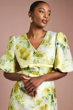 Robe Mini à Manches Bouffantes Jacquard Floral