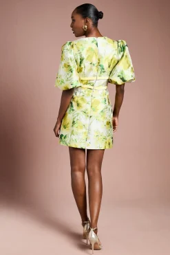 Robe Mini à Manches Bouffantes Jacquard Floral