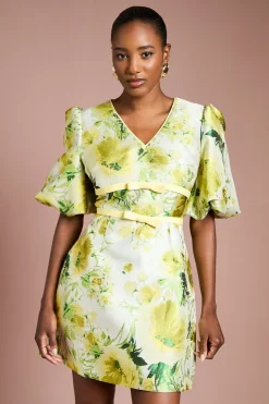 Robe Mini à Manches Bouffantes Jacquard Floral