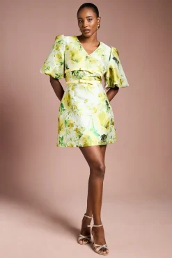 Robe Mini à Manches Bouffantes Jacquard Floral