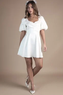 Robe Mini à Manches Bouffantes Robe de Mariée Avec Dos Noué