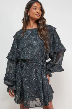 Robe Mini à Manches Chauve-Souris Volantées et Imprimé
