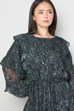 Robe Mini à Manches Chauve-Souris Volantées Imprimée