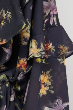 Robe Mini à Manches Chauve-Souris Volantées Imprimée