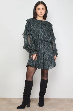 Robe Mini à Manches Chauve-Souris Volantées Imprimée