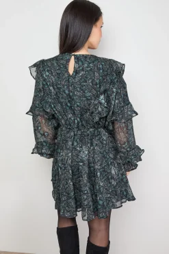 Robe Mini à Manches Chauve-Souris Volantées Imprimée
