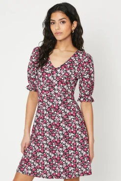 Robe Mini Manches Courtes en Jersey à Imprimé Fleuri Rose Petite Taille