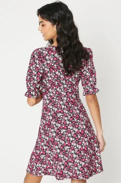 Robe Mini Manches Courtes en Jersey à Imprimé Fleuri Rose Petite Taille