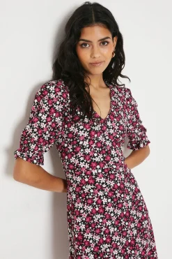 Robe Mini Manches Courtes en Jersey à Imprimé Fleuri Rose Petite Taille