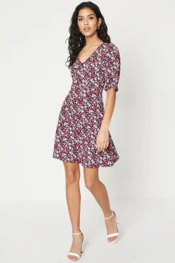 Robe Mini Manches Courtes en Jersey à Imprimé Fleuri Rose Petite Taille