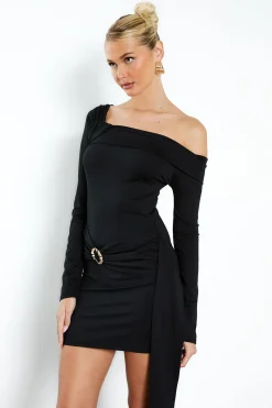 boohoo Robe mini à manches longues asymétriques avec détails de garniture<Femme Robes Moulantes|Robes À Manches Longues