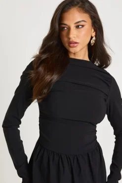 Robe Mini à Manches Longues avec Taille Basse Froncée