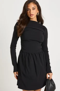 Robe Mini à Manches Longues avec Taille Basse Froncée