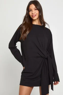 boohoo Robe mini à manches longues avec taille nouée<Femme Robes À Manches Longues|Robes