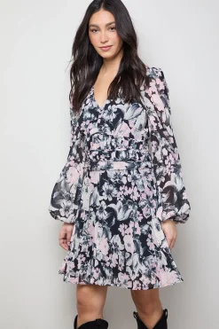 Robe Mini à Manches Longues avec Jupe Plissée Imprimée
