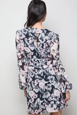 Robe Mini à Manches Longues avec Jupe Plissée Imprimée