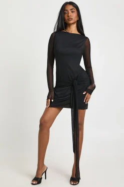 boohoo Robe Mini à Manches Longues avec Détail Nœud<Femme Robes Moulantes|Robes À Manches Longues