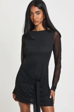 boohoo Robe Mini à Manches Longues avec Détail Nœud<Femme Robes Moulantes|Robes À Manches Longues